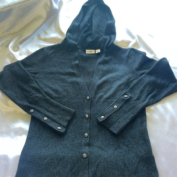 Sporty Charcoal Gray Knit Hooded Cardigan Button Front Sweater Ribbed Trim Sz S - Picture 12 of 13